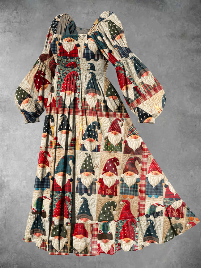 Women's Vintage Christmas Gnome Print Maxi Dress