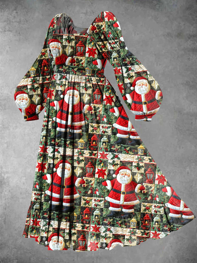 Women's Vintage Christmas Santa Print Maxi Dress