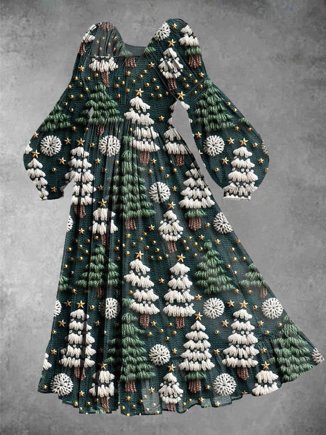 Women's Vintage Christmas Tree Print Maxi Dress