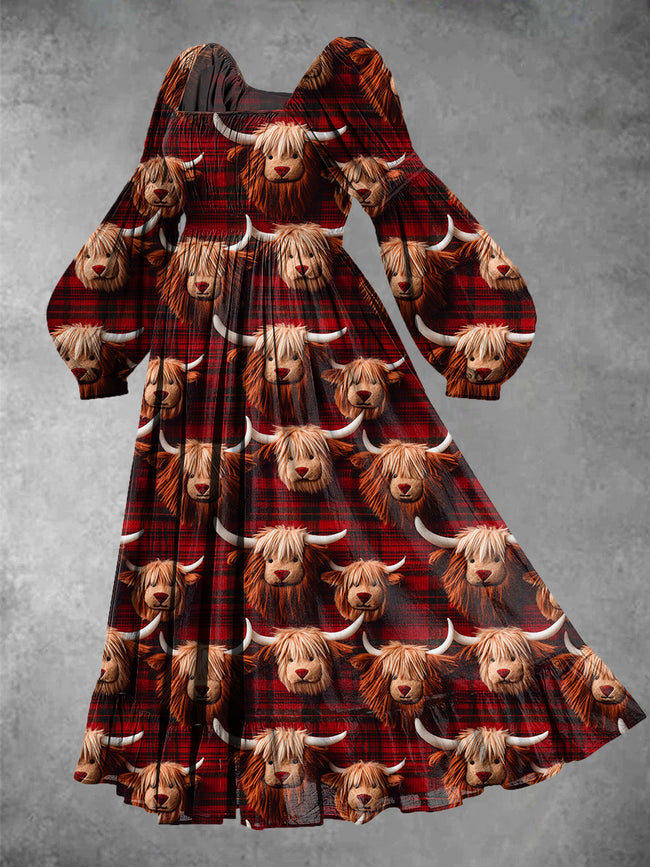 Women's Vintage Christmas Highland Cow Print Maxi Dress