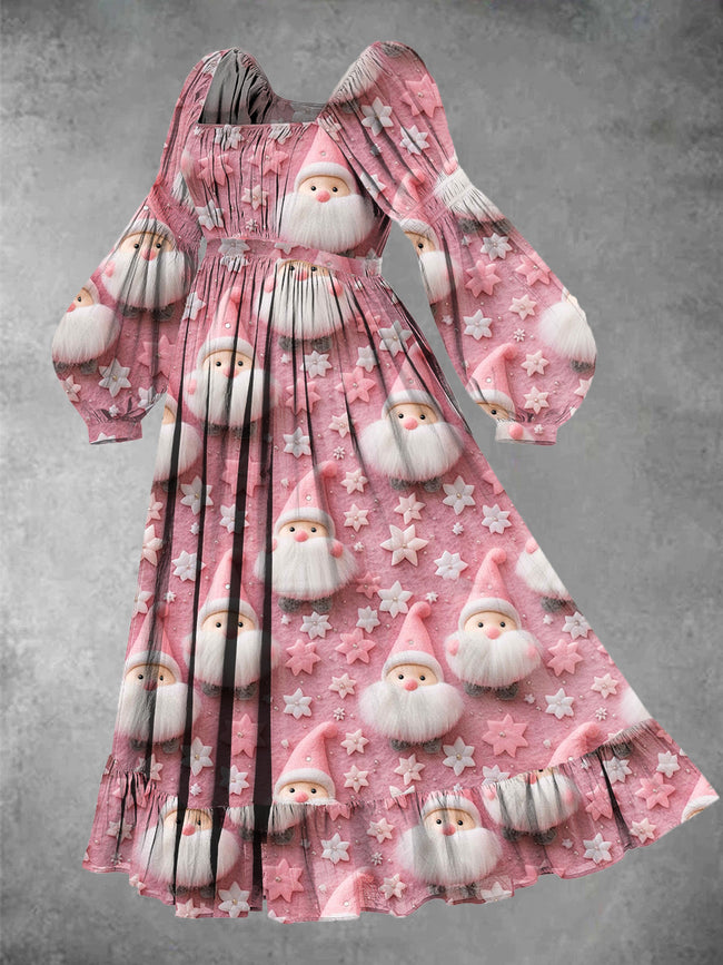 Women's Vintage Pink Christmas Print Maxi Dress