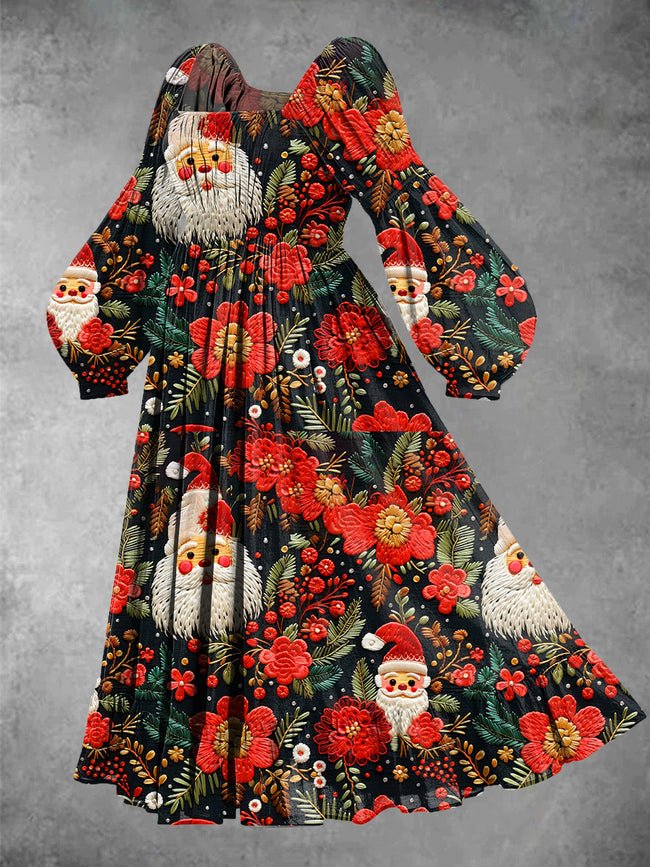 Women's Vintage Christmas Santa and Flower Print Maxi Dress