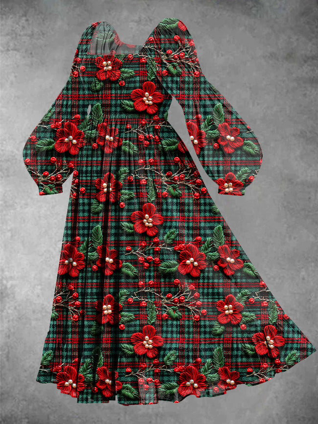 Women's Vintage Christmas Plaid Print Maxi Dress