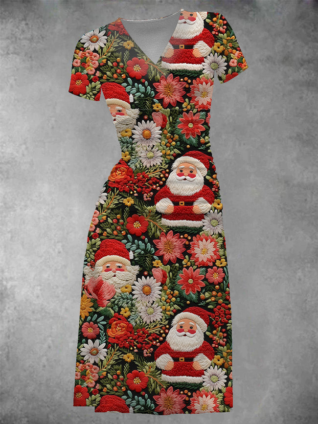 Women's Vintage Christmas Santa Printed Midi Dress