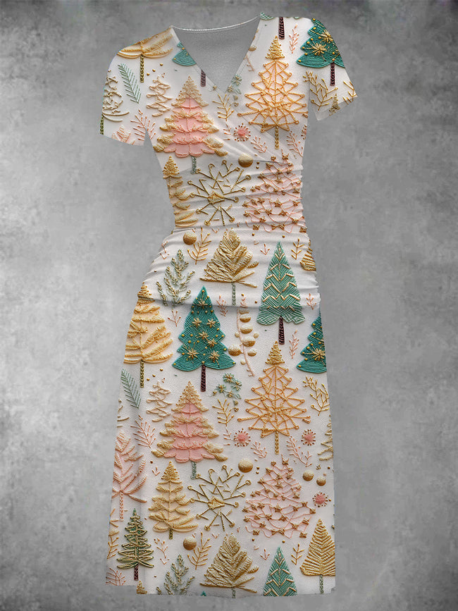 Women's Vintage Christmas Tree Printed Midi Dress