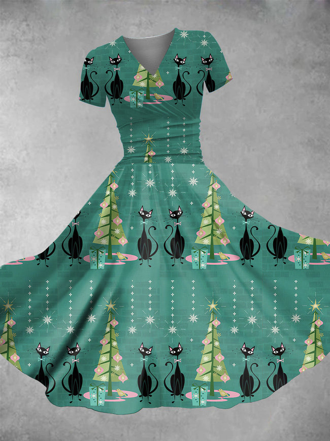 Women's Vintage Christmas Cat Print Maxi Dress