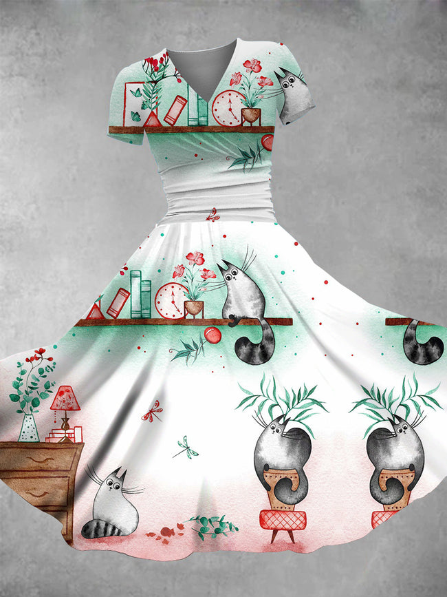 Women's Vintage Watercolor Christmas Cat Print Maxi Dress