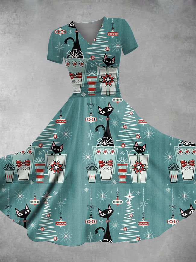 Women's Vintage Christmas Cat Print Maxi Dress