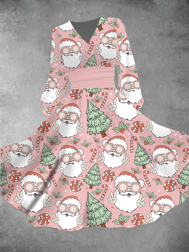 Women's Vintage Christmas Hippie Santa Print Lantern Sleeve Maxi Dress