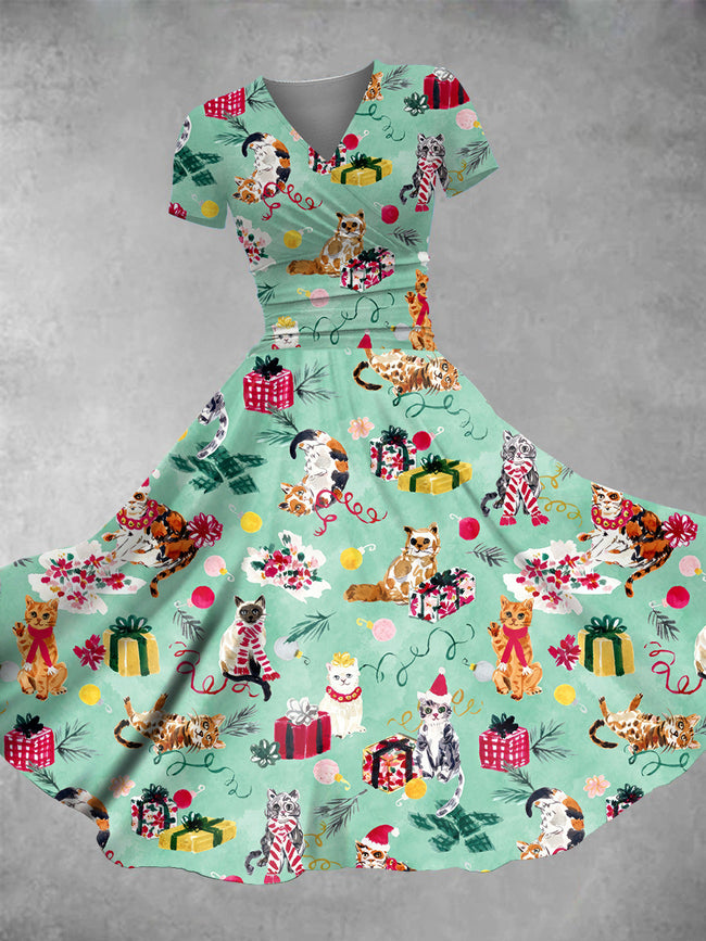 Women's Vintage Christmas Cat Print Maxi Dress