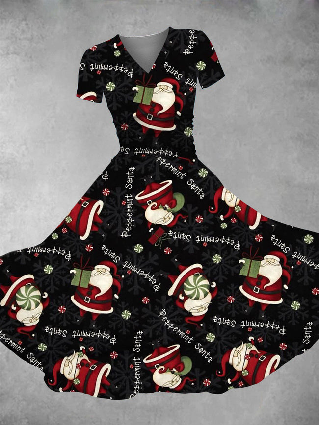 Women's Christmas Cartoon Santa Print Maxi Dress