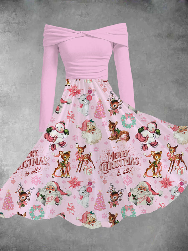 Women's Vintage Christmas Pink Santa Print  Dress