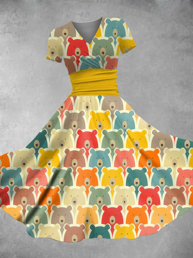 Women's Cartoon Bear Print Maxi Dress