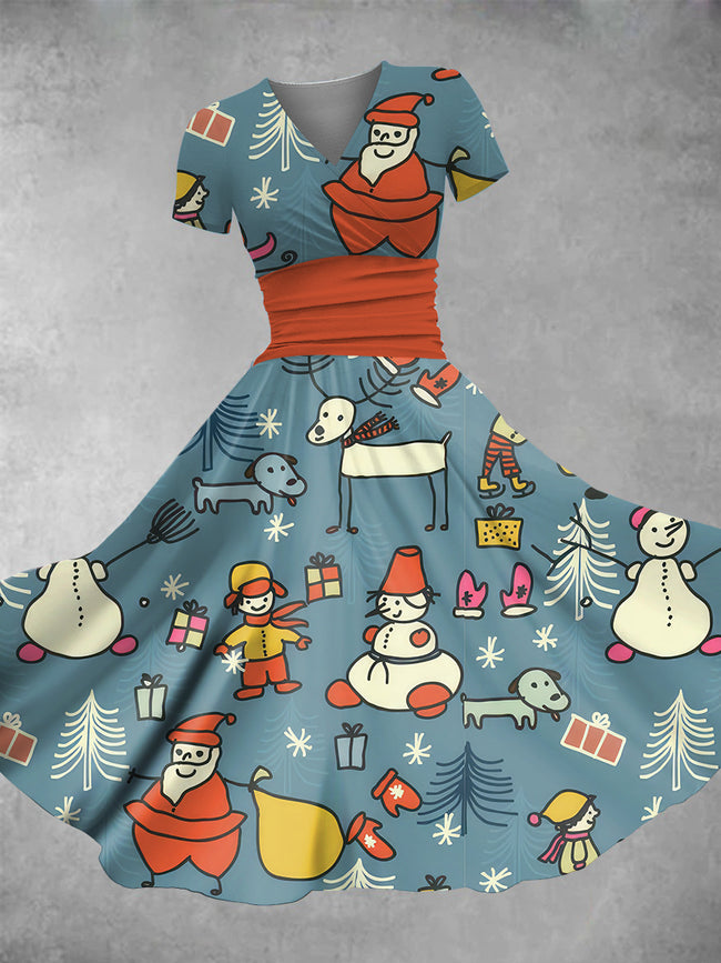 Women's Christmas Cartoon Snowman Print Maxi Dress