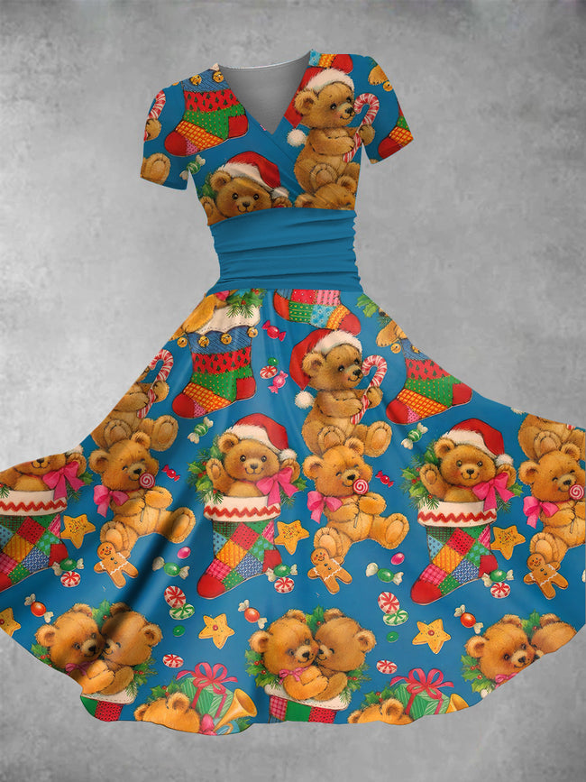 Women's Christmas Teddy Bear Print Maxi Dress