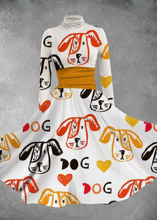 Women's Cartoon Dog Print Long Sleeve Maxi Dress