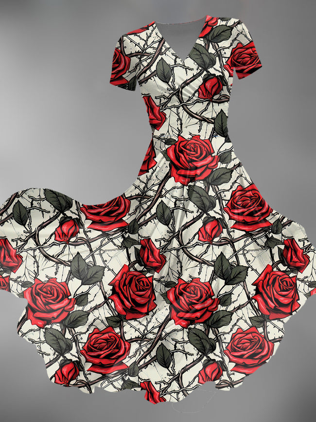 Women's Valentine's Day Rose Print Maxi Dress