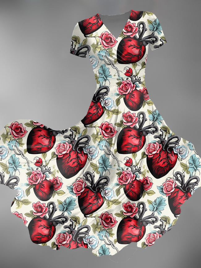 Women's Valentine's Day Heart Tattoo Print Maxi Dress