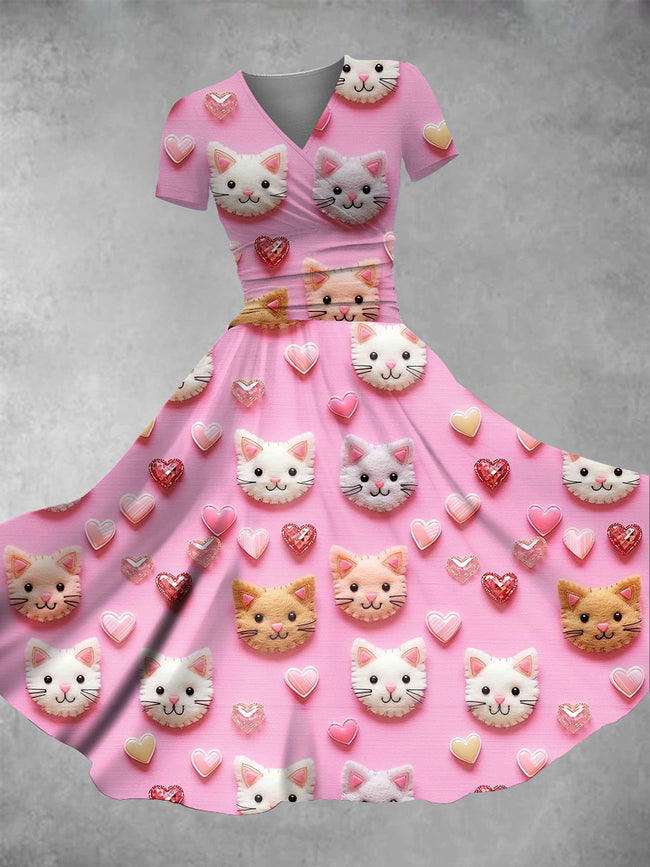 Women's Valentine's Day Cute Cat Print Maxi Dress