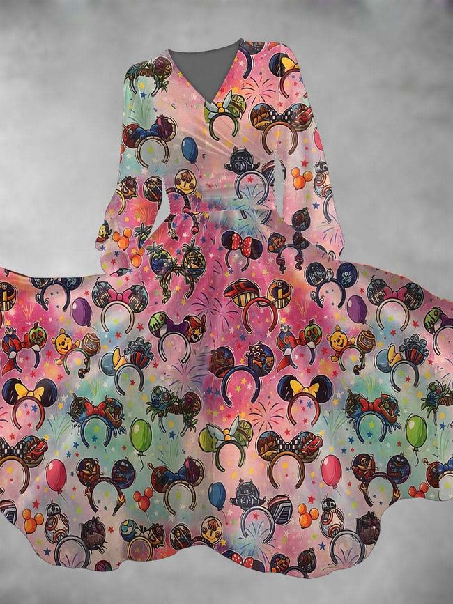 Women's Colorful Cartoon Long Sleeve Maxi Dress
