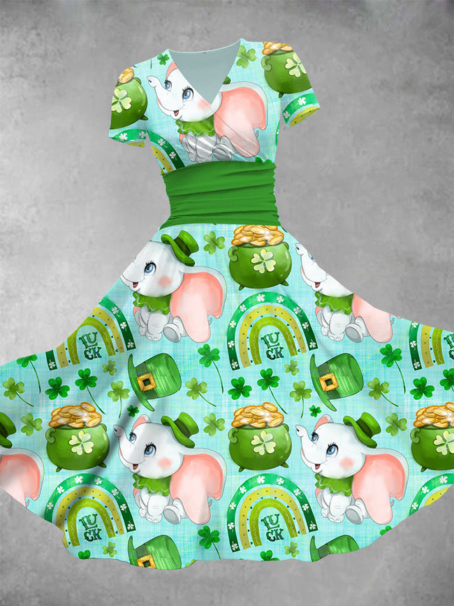 St. Patrick's Cartoon Elephant Print Maxi Dress