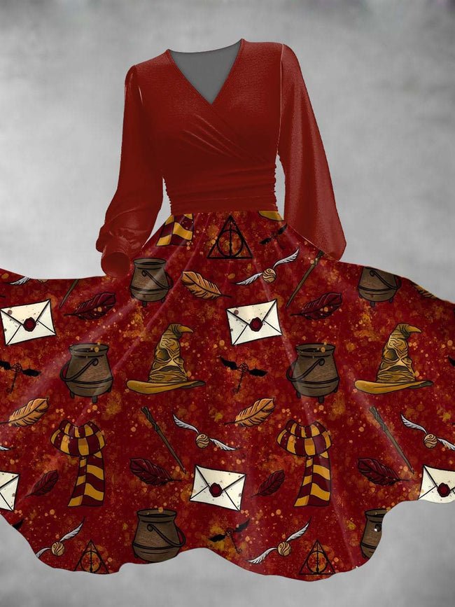 Women's Vintage Wizard Print Lantern Sleeve Maxi Dress