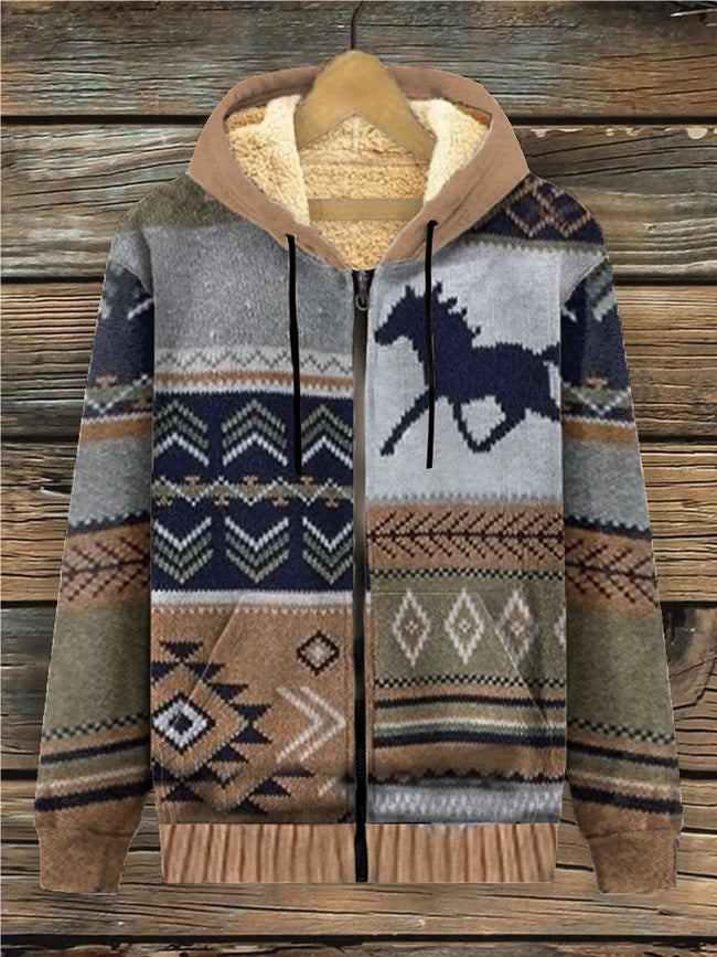Women's Western Horse Print Casual Fleece Track Jacket