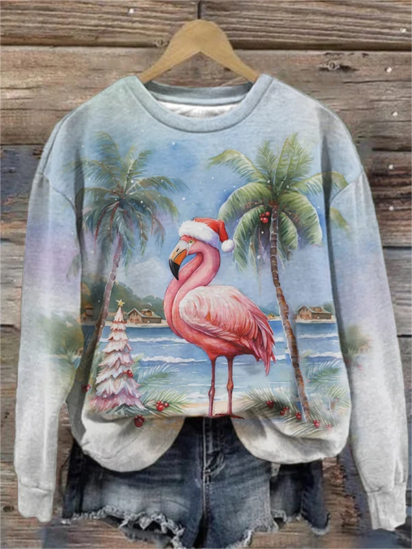 Women's Christmas Flamingo Print Crew Neck Sweatshirt