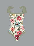 Colorful Flower Print One Piece Swimsuit And Cover Up