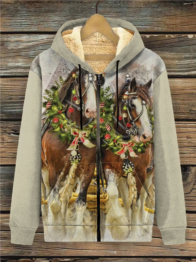 Women's Western Christmas Print Casual Fleece Track Jacket