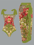 Vintage Flower Print One Piece Swimsuit And Cover Up