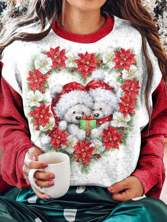 Christmas Cute Bear Print Crew Neck Long Sleeve Sweatshirt