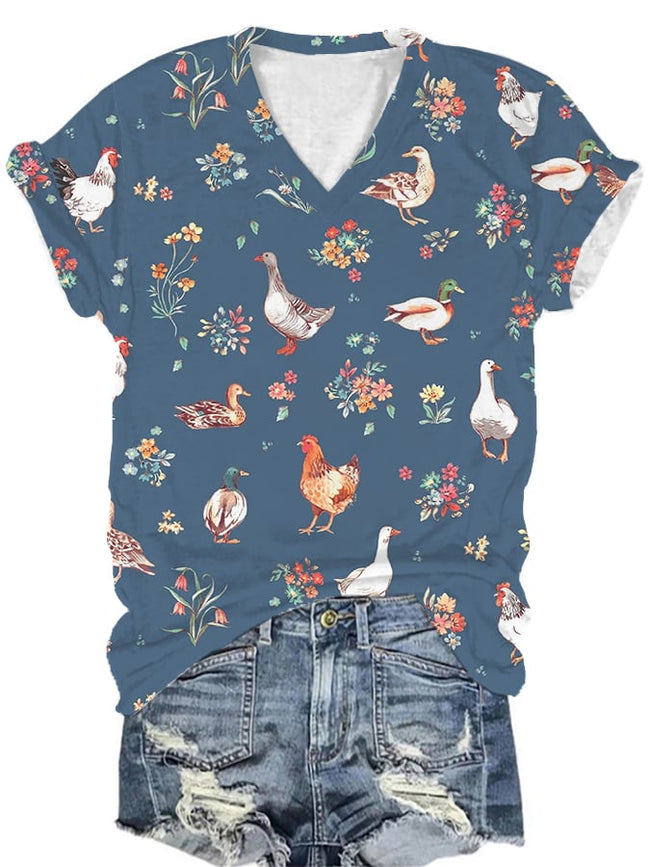 Women's Farm Animals and Floral Print T-Shirt