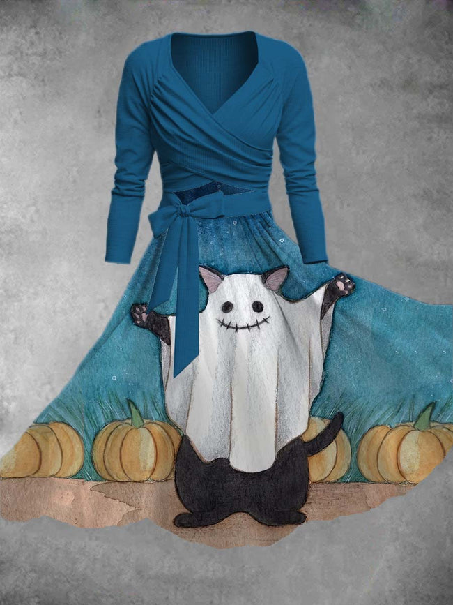 Women's Halloween Ghost & Cat Print Two-Piece Dress