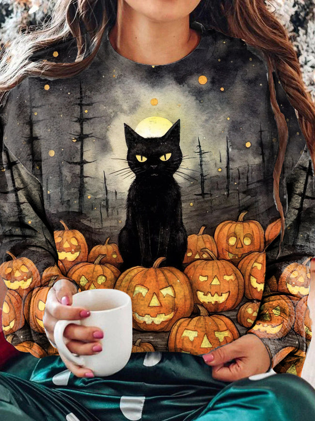 Halloween Cat & Pumpkin Crew Neck Long Sleeve Top