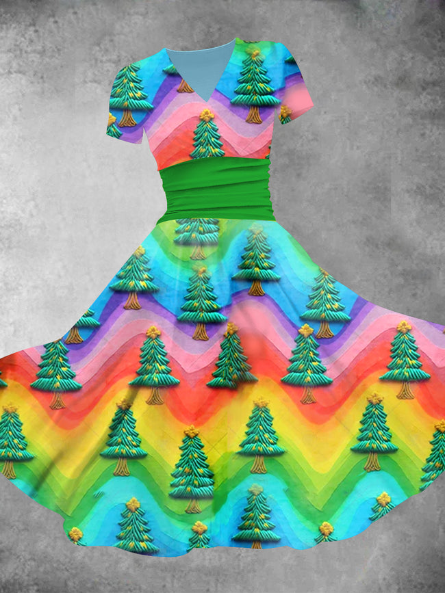 Women's Colorful Christmas Tree Print Maxi Dress