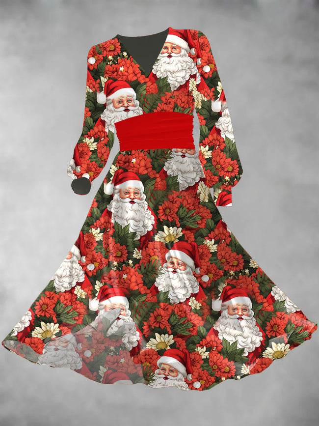 Women's Santa Claus Print Lantern Sleeve Maxi Dress