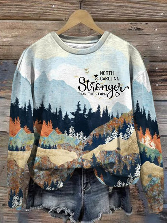 Women'S North Carolina Is Stronger Than The Storm Print Round Neck Sweatshirt