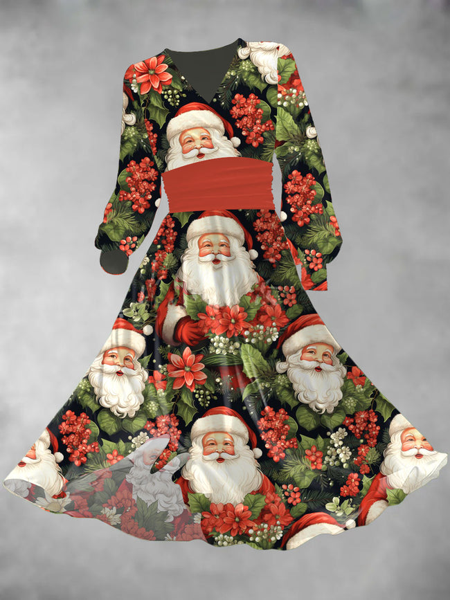 Women's Santa Claus Print Lantern Sleeve Maxi Dress