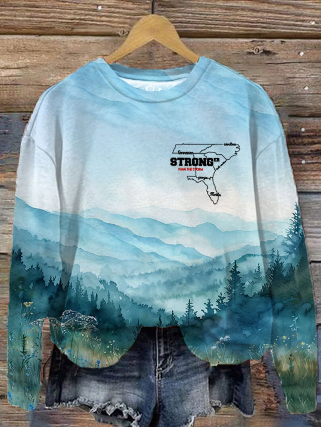 Women's Hurricane Appalachian Mountains NC Watercolor Art Stay Strong Printed Sweatshirt