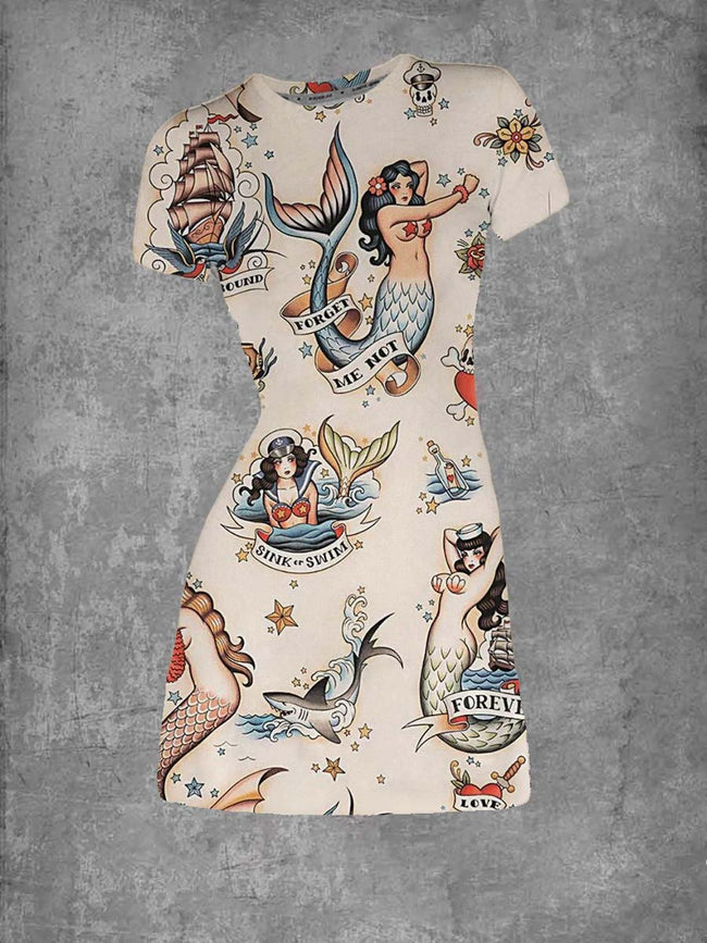 Vintage Mermeid Print Graphic Crew Neck T-Shirt Dress