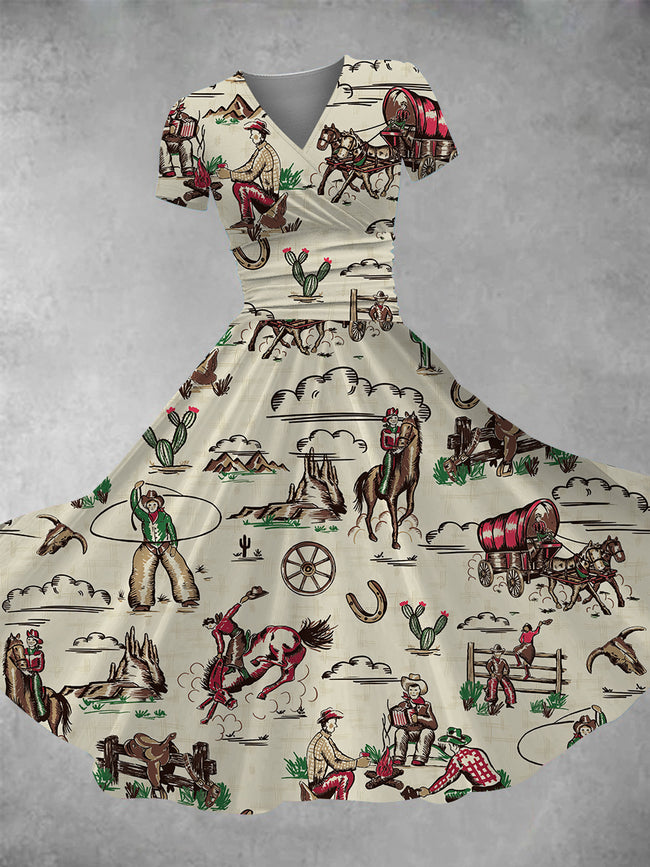 Women's Vintage Western Cowboy Print Maxi Dress