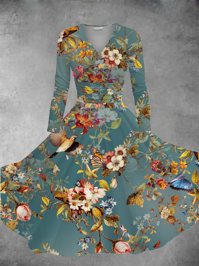 Women's Vintage Flora Print Long Sleeve Maxi Dress