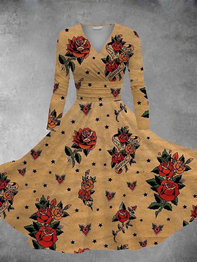 Women's Vintage Old Paper Rose Tattoos Print Long Sleeve Maxi Dress