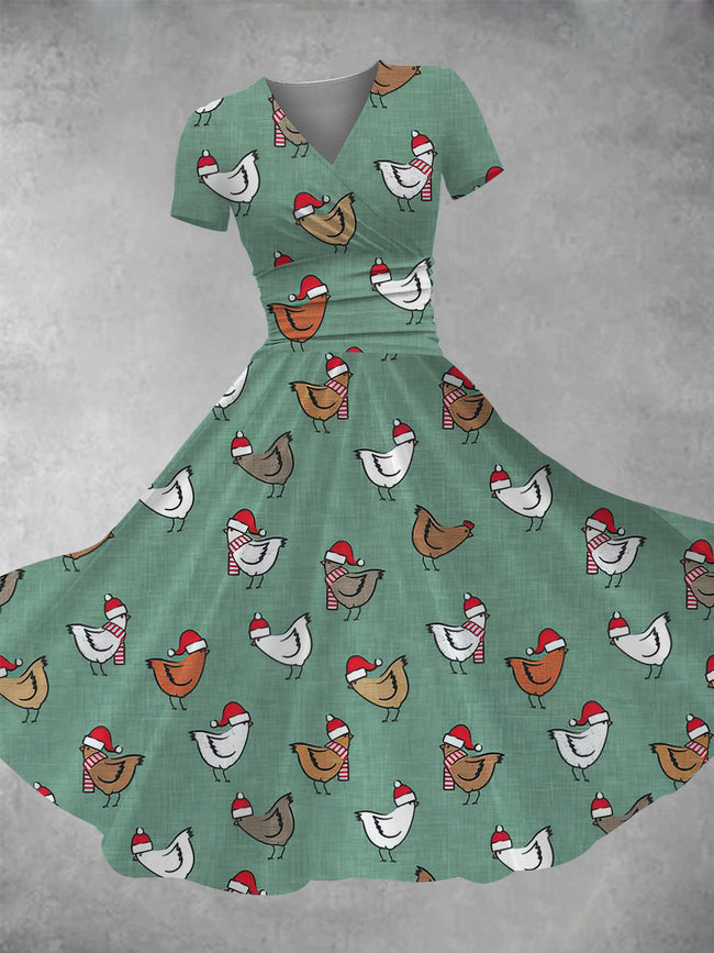 Women's Retro Christmas Chickens Print Maxi Dress