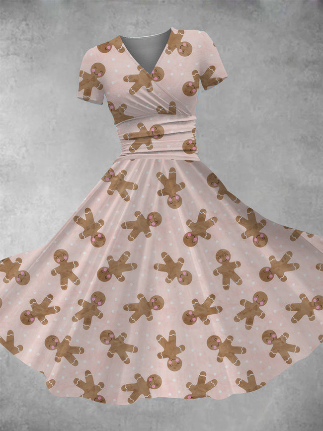 Women's Retro Christmas Gingerbread Man Print Maxi Dress