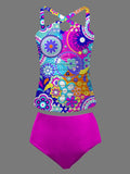 Ethnic Flowers Print Hollow Cross Pleated Tankini Panty Set Swimsuit