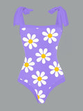 Vintage Flower Print One Piece Swimsuit And Cover Up