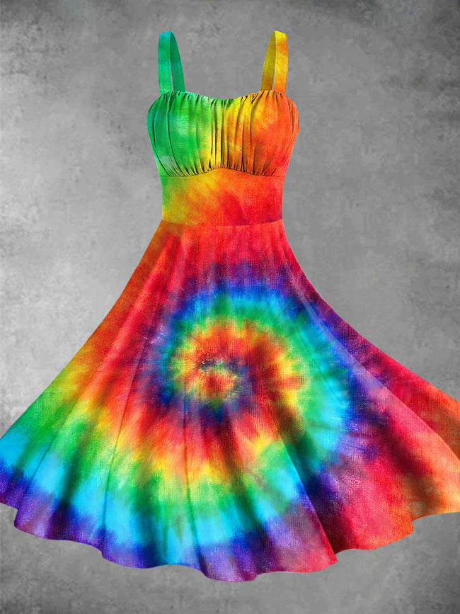 Vintage Hippie Tie Dye Print Backless Dress