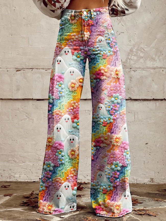 Women's Vintage Lovely Ghost Print Casual Wide Leg Pants